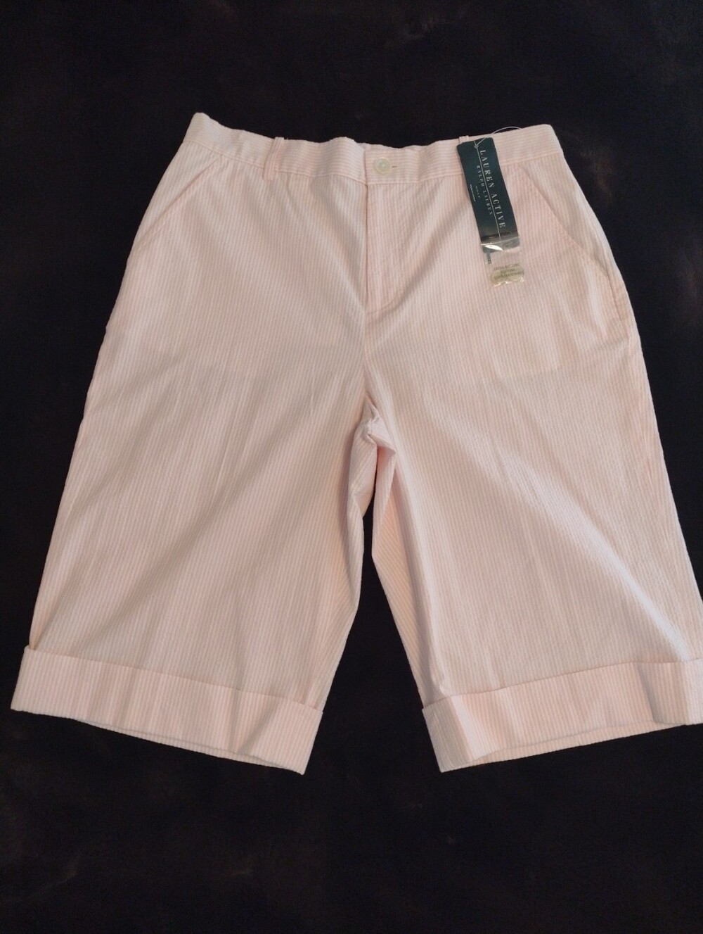 Lauren Ralph Lauren Bermuda Shorts Womens 6 Pink White Seersucker Stripe Cuff